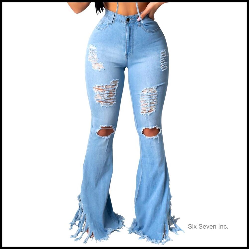 High Waisted Bell Bottom Jeans Ripped Hole Flared Wide Leg Denim Pants